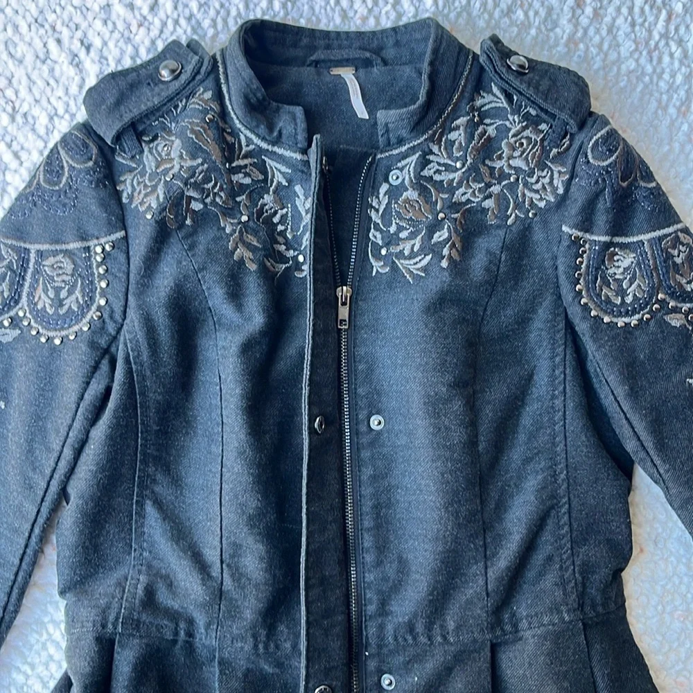 Free People Sargeant Floral Embroidered Embellished Military Coat Black 2‎